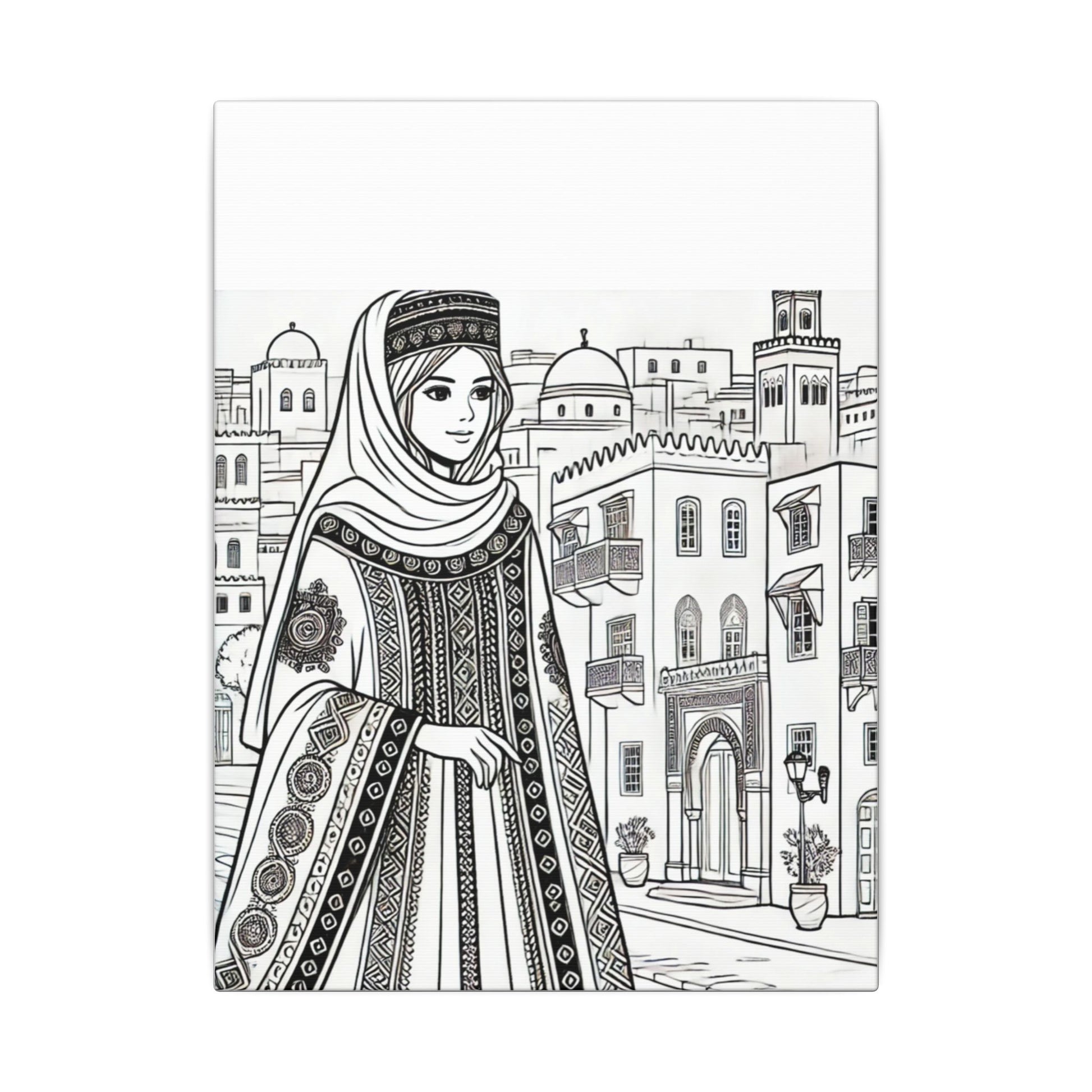 Artistic Stretched Algerian Canva Print, Home Decor, Gift Idea, Coloring Wall Art, Black and White Design